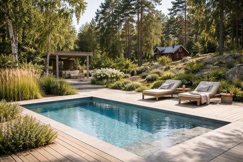 Perfekt markpool med klar blåvatten, ljus trädeck och frodig grönska.