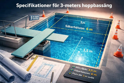 Blå 3-meters svikt med teal yta och metallräcke för poolsäkerhet