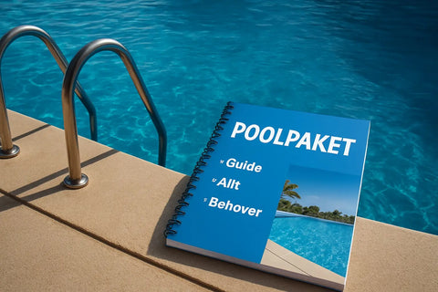 Blått spiralbundet Poolpaket-guide vid poolstege.