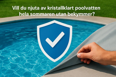 Blå sköldikon med vit bock vid klar pool för skyddat vatten hela sommaren