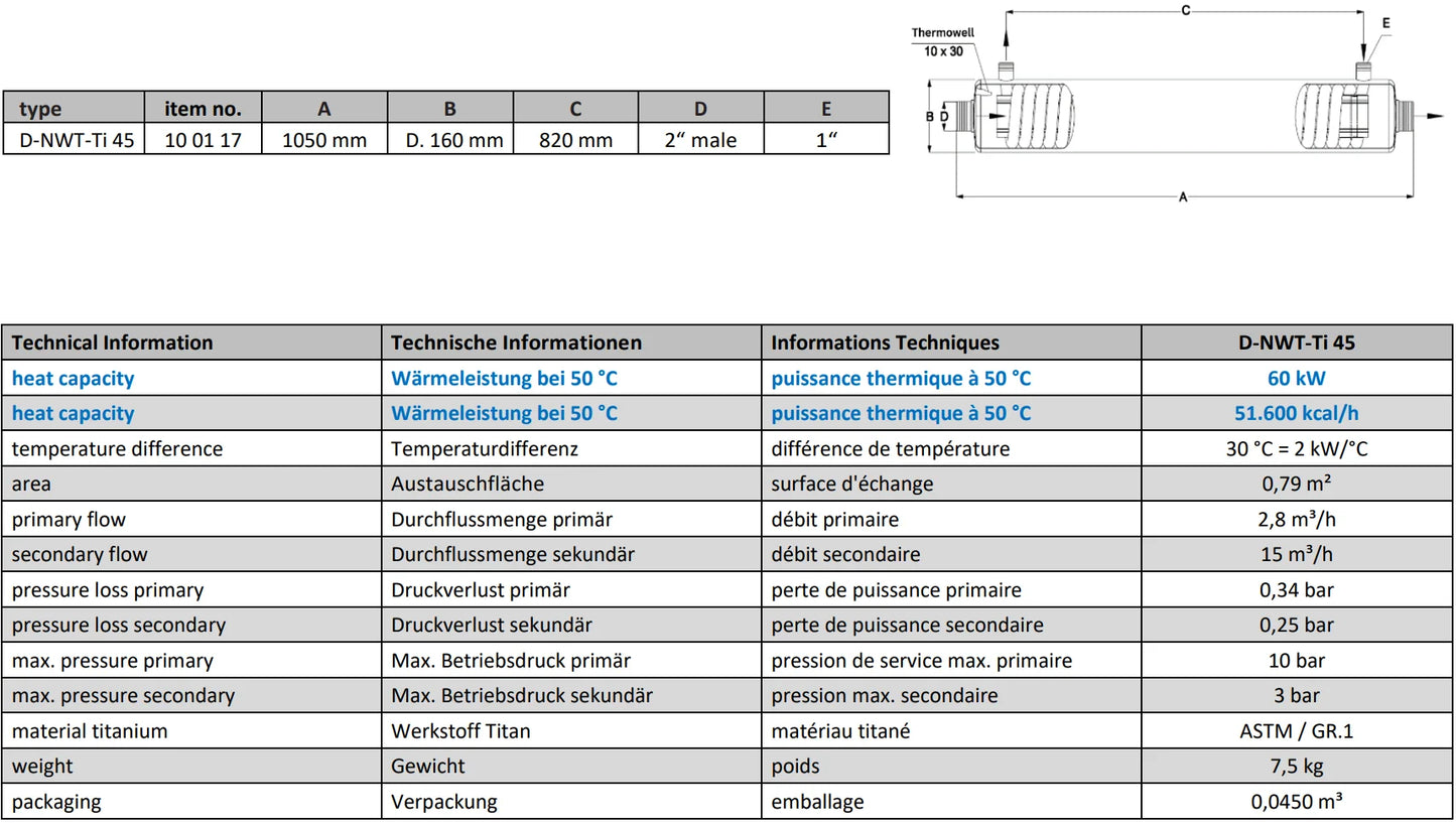 Värmeväxlare av titan geotermisk 60 kW