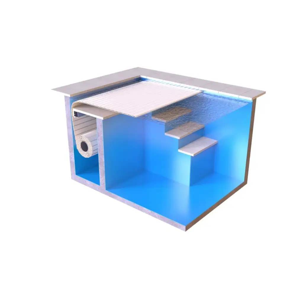 Blå Aquatop nersänkt pool med extern motor, 60x14mm, vit trappa och tak