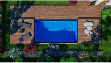 Rektangulär blå pool med svart ram på trädäck, mobil poolterrass och Bergen deck