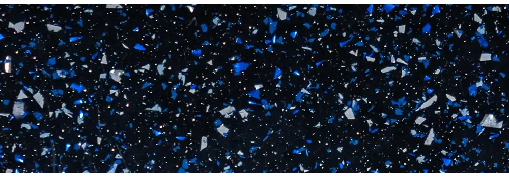 Saba fibreglass pool – dark blue terrazzo surface, blue and white glass pieces, rectangular shape