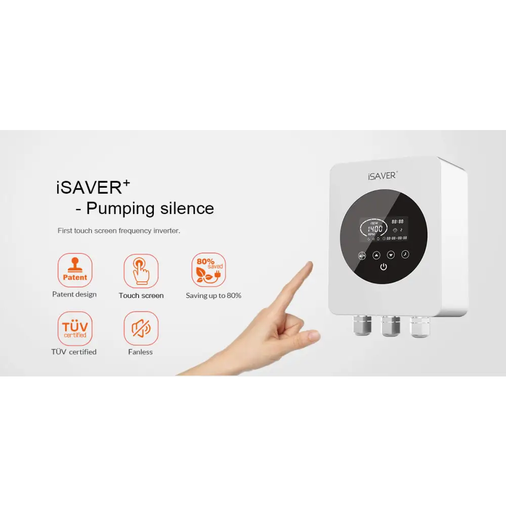 Vit Isaver+ väggmonterad vattenberedare för bygga pool med svart touchskärm