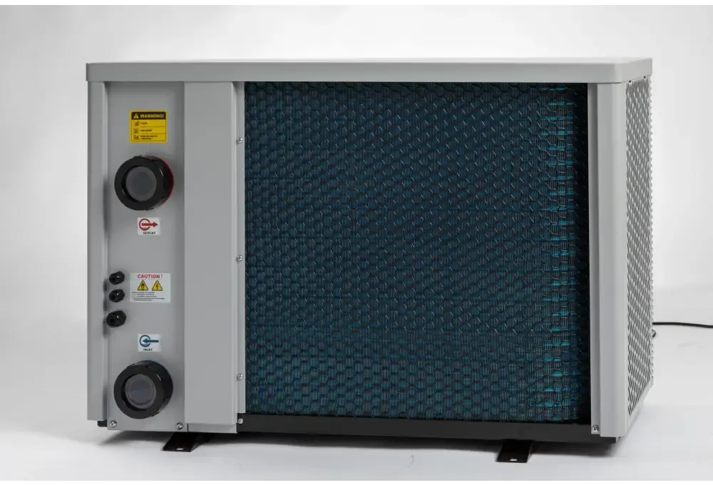 The latest Pahlén Calidi pool heat pump in grey metal with a blue filter panel