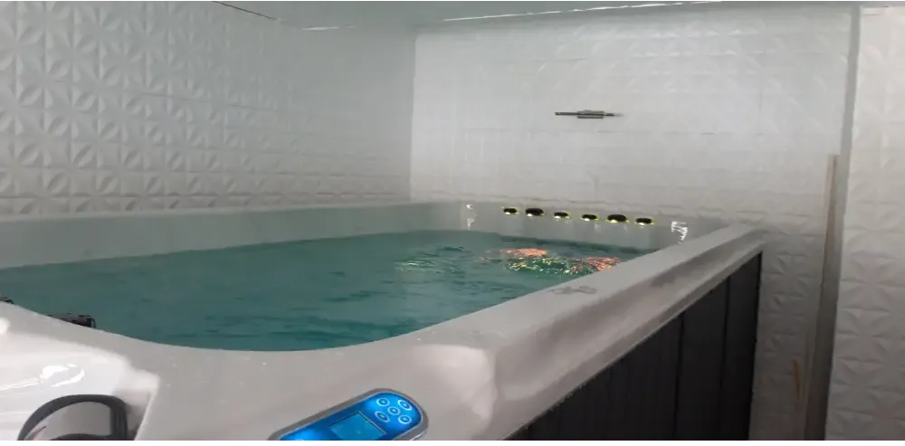 PassionSpa Dynamic Deep swim spa – white finish, white interior, turquoise water, digital control panel