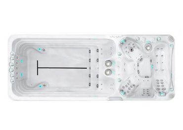 Vit PassionSpa Dynamic Deep Swim Spa med vit bad, integrerade säten, jetstrålar och blå belysning