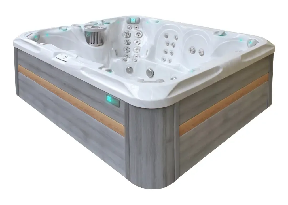 PassionSpa Harmony hot tub – modern design, grey wood panels, white massage jets, turquoise lighting PassionSpa Harmony hot tub – modern design, grey wood panels, white massage jets, turquoise lighting