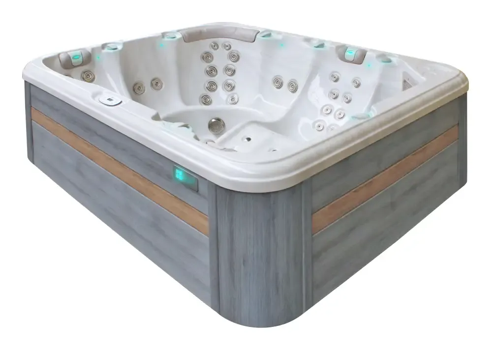 PassionSpa Repose hot tub – modern design, grey finish, wood-effect finish, white massage jets PassionSpa Repose hot tub – modern design, grey finish, wood-effect finish, white massage jets