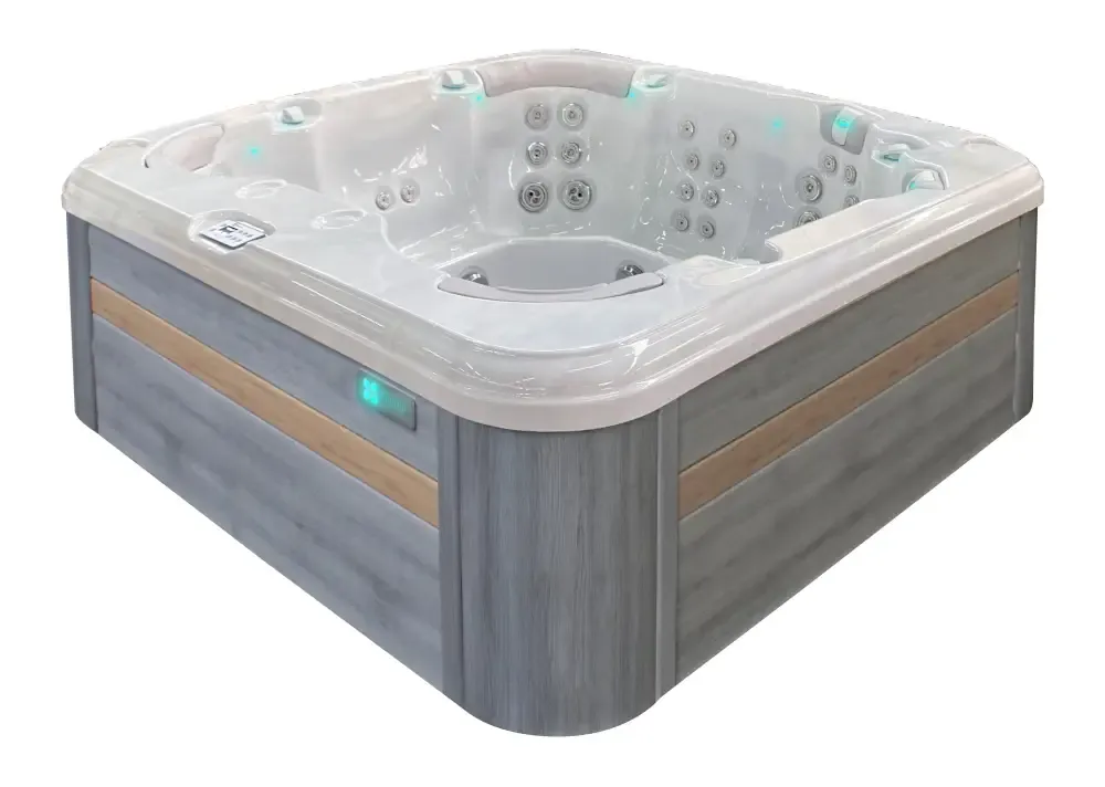 PassionSpa Resettle hot tub – grey wood texture, white top, massage jets, blue LED lighting PassionSpa Resettle hot tub – grey wood texture, white top, massage jets, blue LED lighting