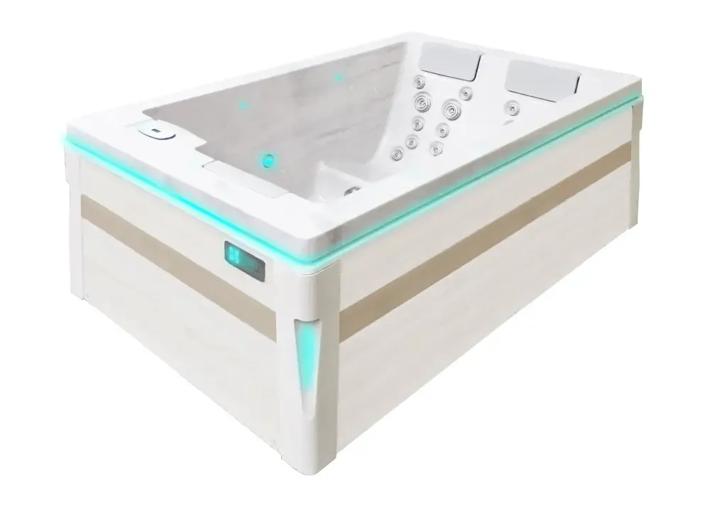 PassionSpa Serene 3 hot tub – modern design, beige and white, turquoise LED lighting PassionSpa Serene 3 hot tub – modern design, beige and white, turquoise LED lighting