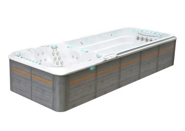 Modern PassionSpa Vitality Deep Swim Spa med grå trädetaljer, vit interiör och blåljus