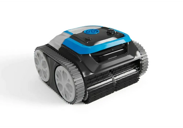 Hayward iPower Shark blå robotisk poolrengörare med svarta och grå hjul