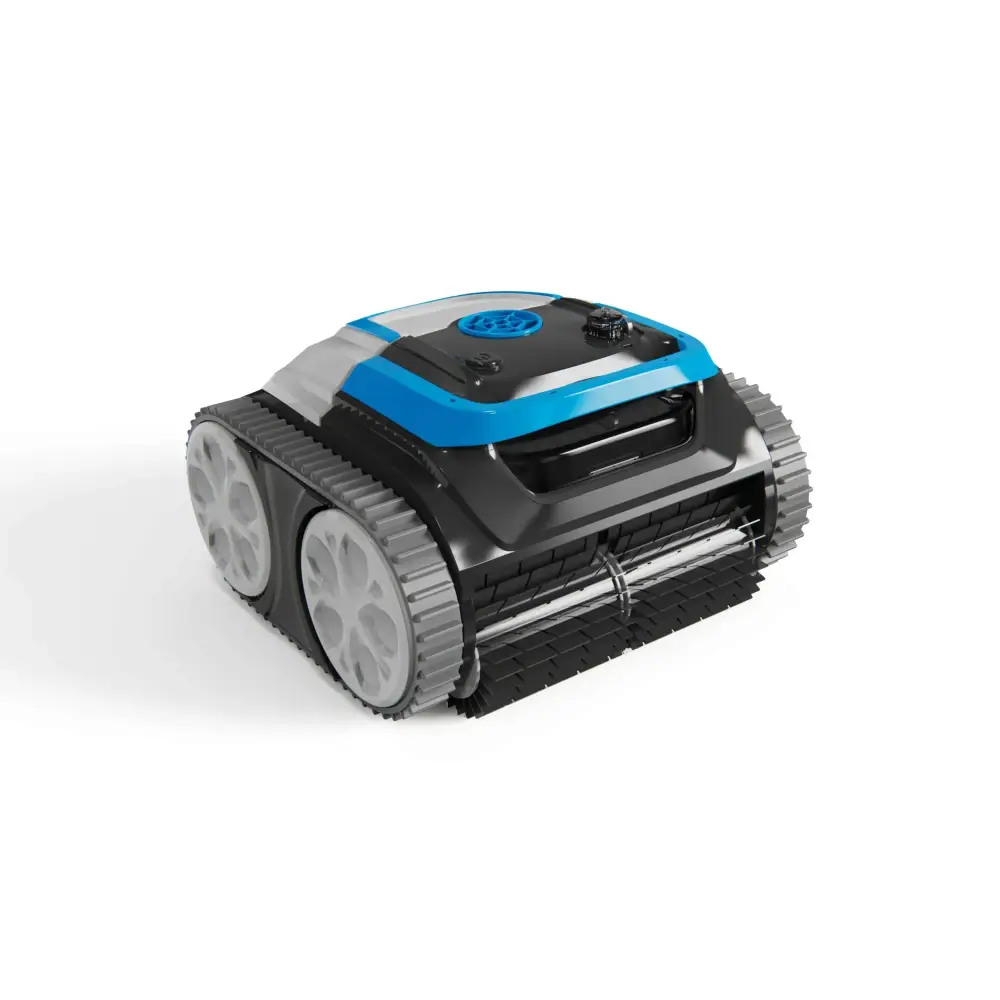 Hayward iPower Shark blå robotisk poolrengörare med svarta och grå hjul