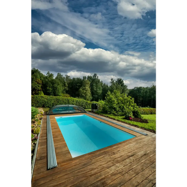 Rektangulär Thermopp Poolpaket Qbig med klart blått vatten och glastak