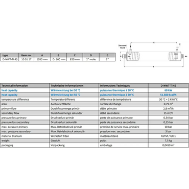 Titanium värmeväxlare D-NWT-TI 45 med minimal tryckförlust för energieffektivitet