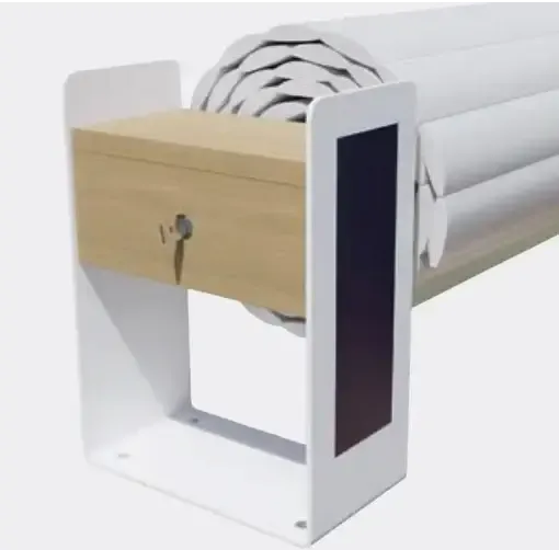 White Top ONE slatted pool cover with an above-ground roller – white wooden bracket, keyhole
