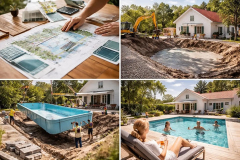 Installation av blå rektangulär ovanmarkspool utomhus i skandinaviskt klimat