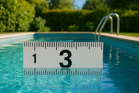 Vit linjal med svarta markeringar flytande i klarblå 3-meterspool.