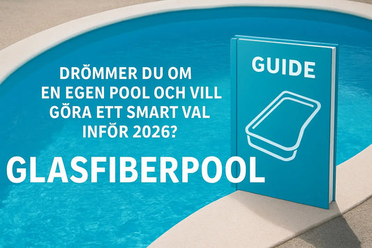 Blå guidebok med vit text och poolillustration på omslag för glasfiberpool 2026