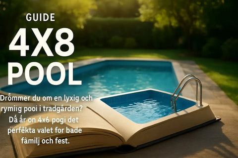 Rektangulär blå 4x8 pool med metallstege på uteplats i trädgården