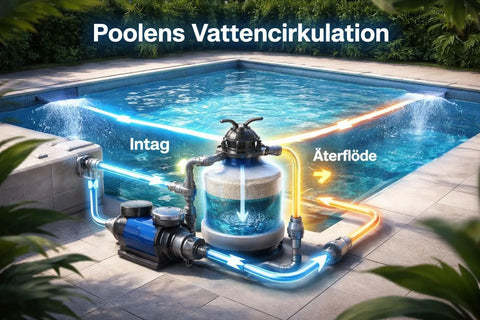 Blå och svart poolfilterpump med transparent cylindrisk filterhus