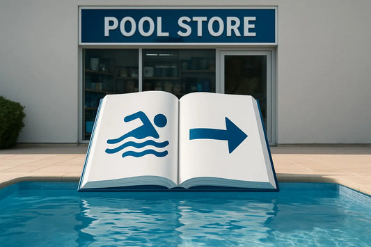 Öppet bok med blå simikon och pil på vita sidor framför poolbutik.