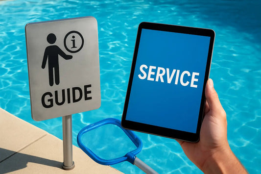 Hand holding tablet showing service on blue screen by pool water