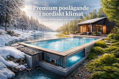 Modern infinity-edge Prime pool med glas mot snöig nordisk landskap