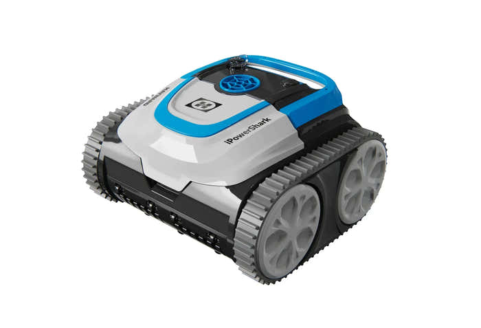 Robotic pool cleaner – white finish, blue accents, grey tracks