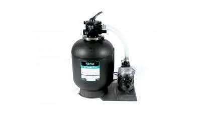 Pool filtration system – black cylindrical filter tank, clear plastic container and black side-mounted pump