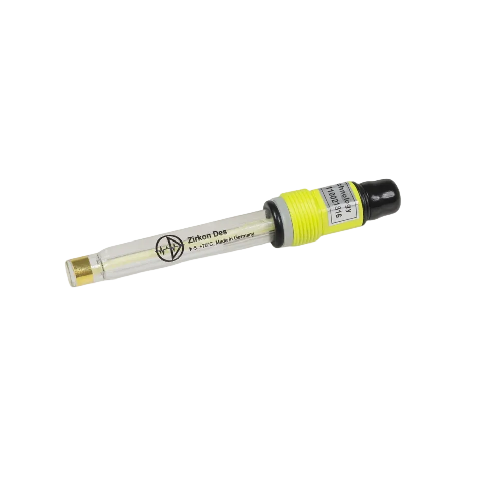 Redox electrode for a salt chlorinator with a glass body and yellow marking