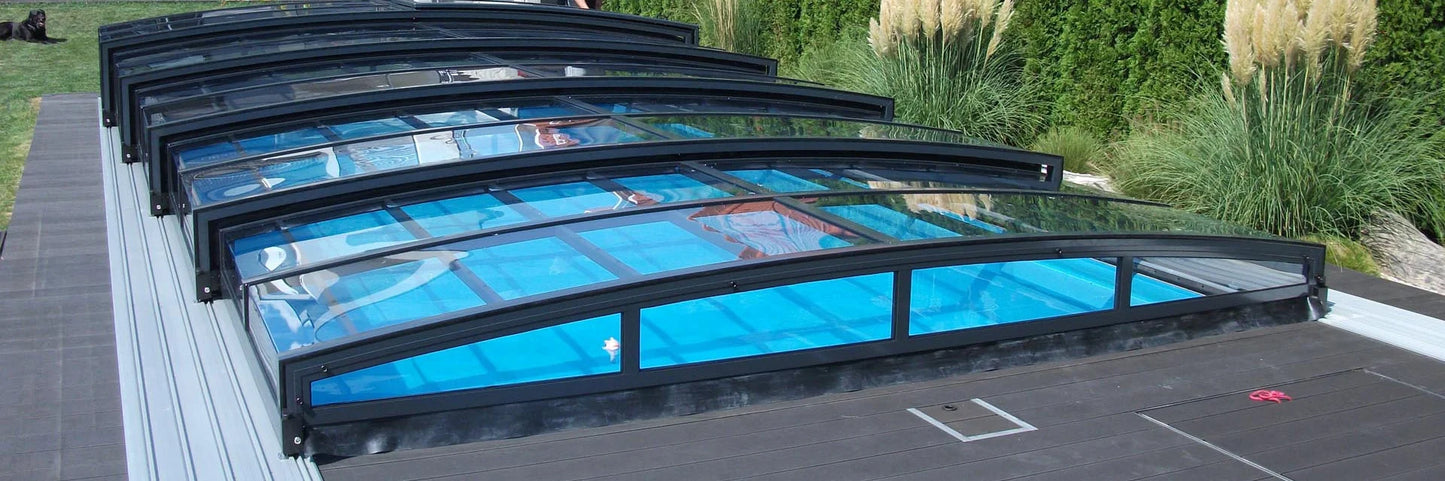 Pool roof Special 4×10 with frame in transparent plastic, side door, anthracite
