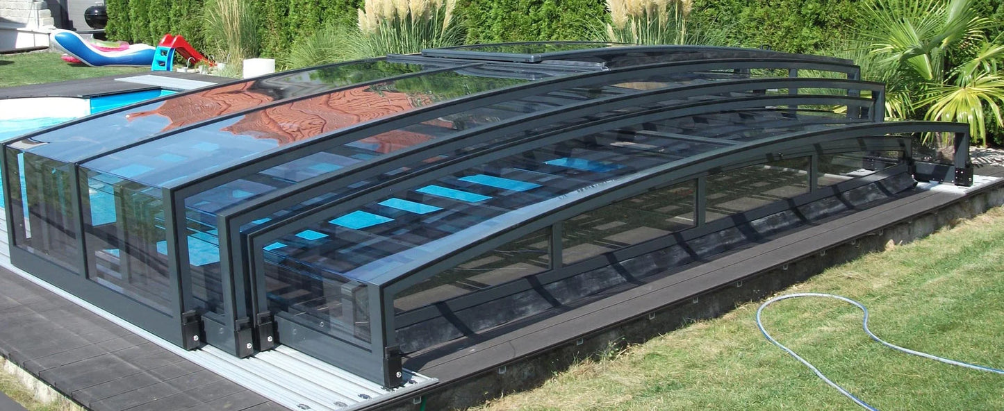 Pool roof Special 4×10 with frame in transparent plastic, side door, anthracite