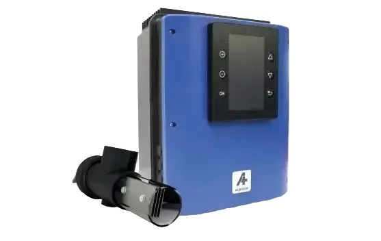 Albixon Neosalt salt chlorinator with a blue control unit, black panel and sensor