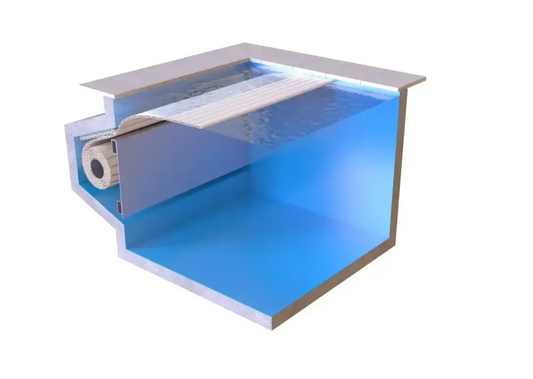 Blue pool – metal frame, white ribbed filtration unit, external motor
