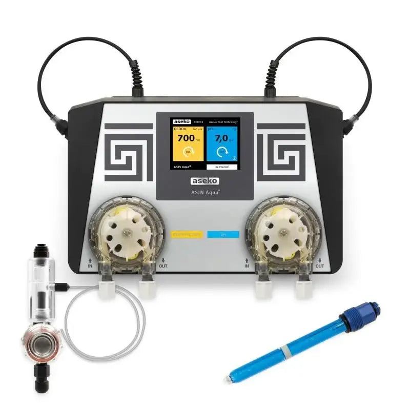 Aseko Asin Aqua svart-silver vattenreningssystem med pH-display och pumpar