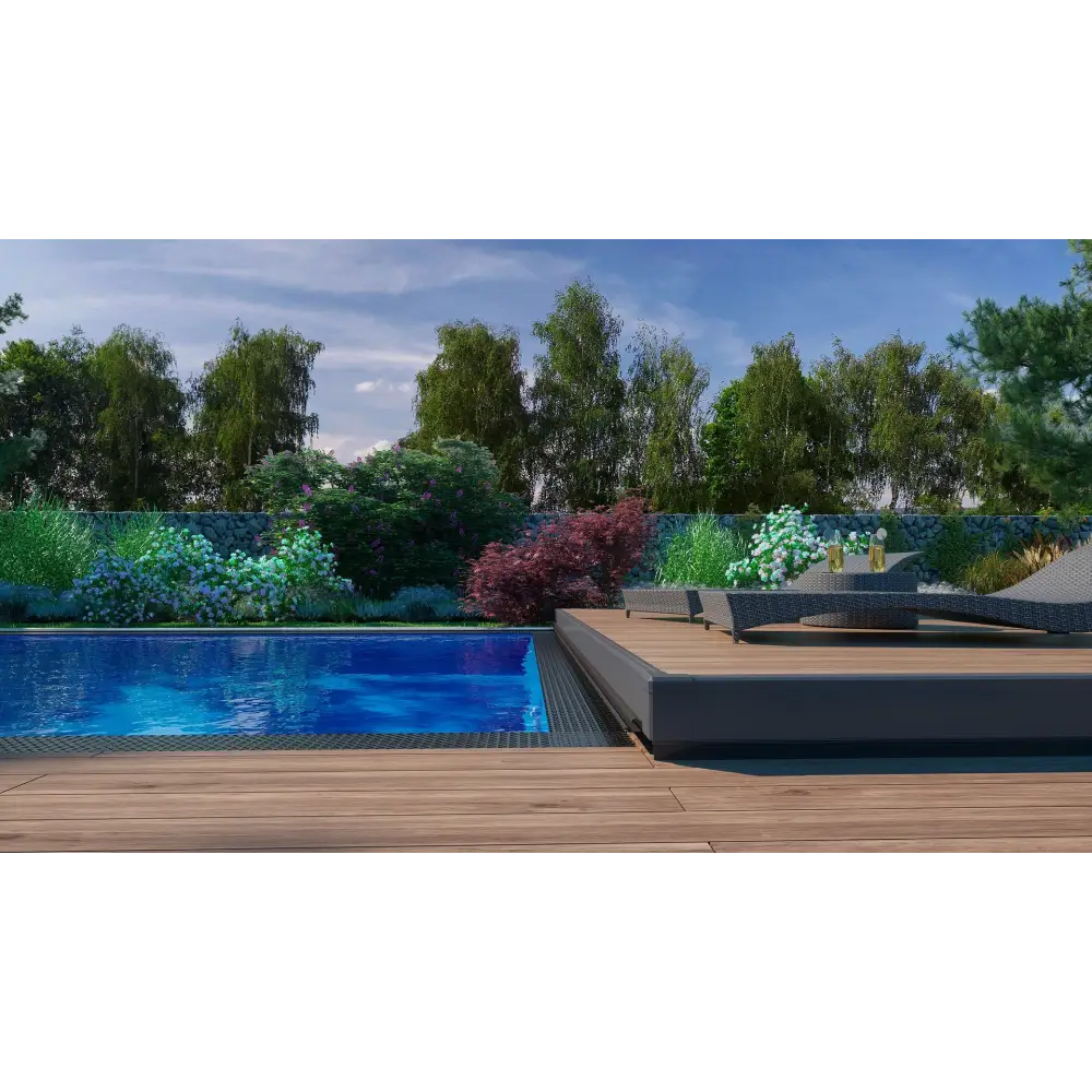 Modern grå rottingloungestol vid mobil poolterrass på bergen deck