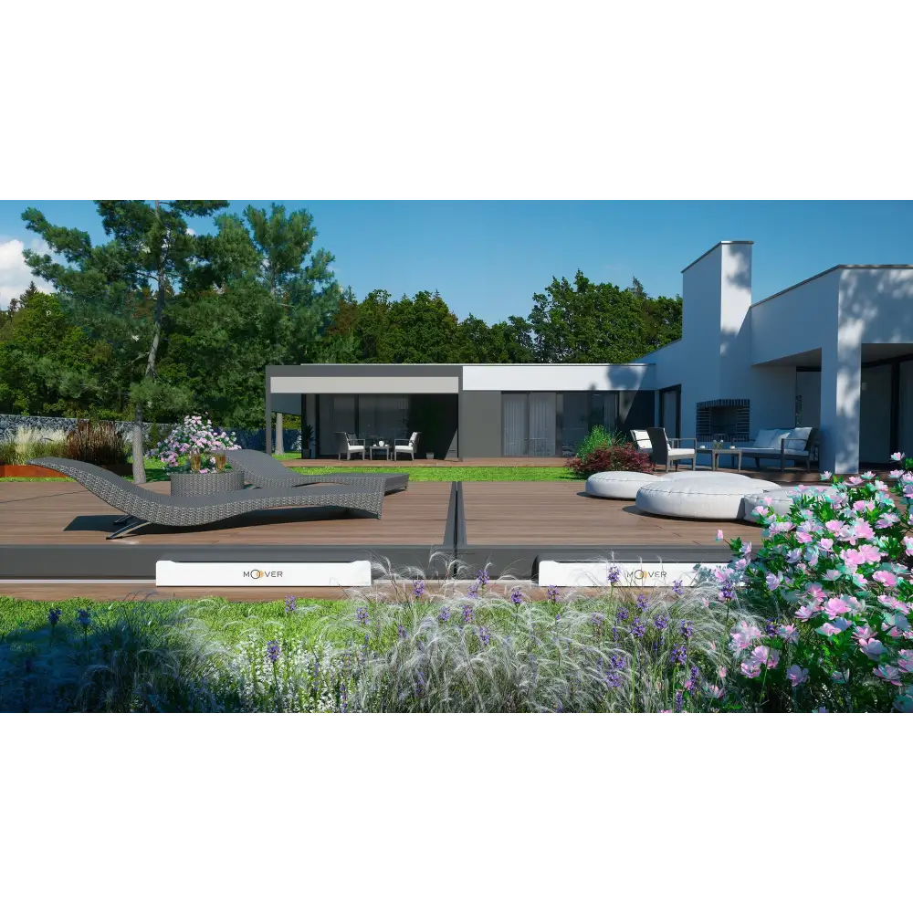 Modern grå rottingloungestol med mobil poolterrass och bergen deck