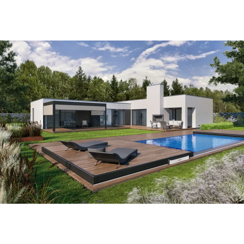 Modern vit och svart villa med mobil poolterrass och bergen deck