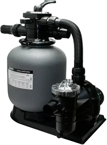 Brilix FSP350 sand filter and pump combination – black base, sand filter, hoses, cylindrical shape