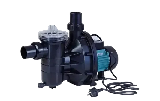 Brilix FXP pool circulation pump, 16 m³, in black plastic with a teal motor and clear lid