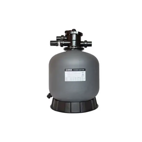 Grå cylindrisk Brilix P350 sandfilter med svart topp, bas och Danfoss-etikett