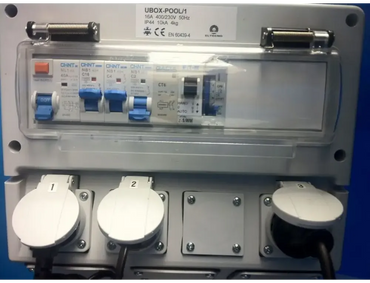 Electrical cabinet with an RCD and Plejd control – grey plastic, electrical sockets