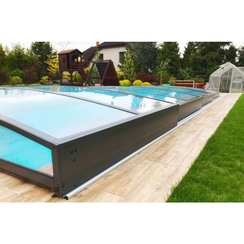 Pooltak Sydney mörkgrå metallram med transparenta glasrutor och extra skenor