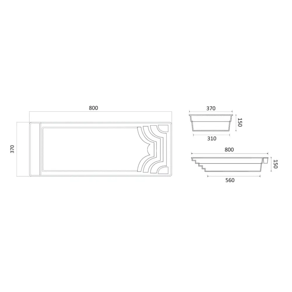 Rektangulär Aruba Plus glasfiberpool med ornamenterad badkar och klart blått vatten