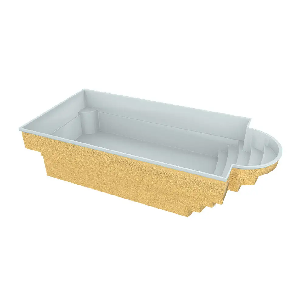 Glasfiberpool Aves med avrundad trappa i guld och vit interiör