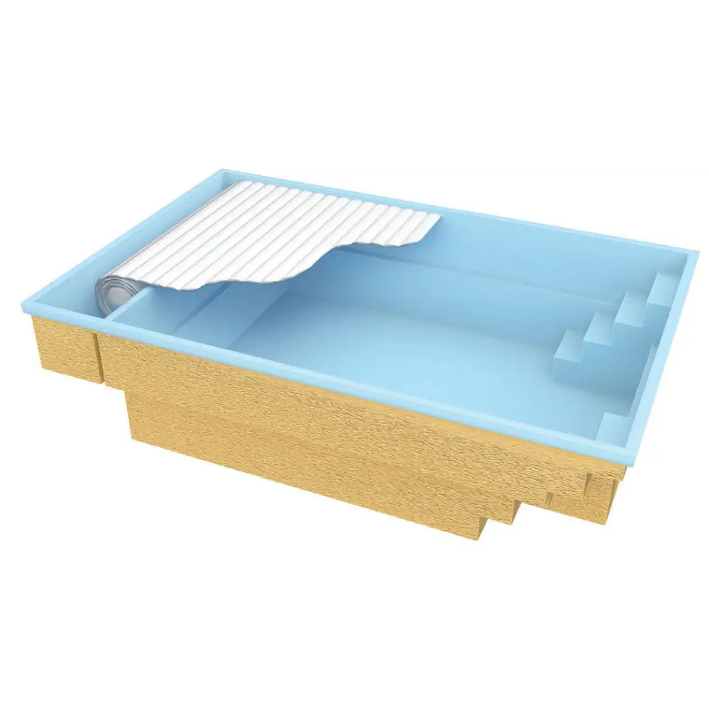 Ljusblå glasfiberpool Bahama med förstärkt polyester, träbas och rullad vit täckning