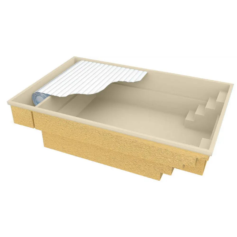 Beige träigloos med vit korrugerad plastlock delvis uppvikta för Glasfiberpool Bahama